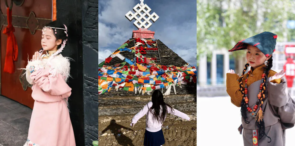 tibet school trip, chinatrip, Three-panel collage: left shows a girl in a pink traditional dress with floral headband praying by a doorway; center features a stone pyramid wrapped in colorful prayer flags under a cloudy sky; right shows a young girl in traditional attire with braided hair and a cap, raising her hands outdoors.