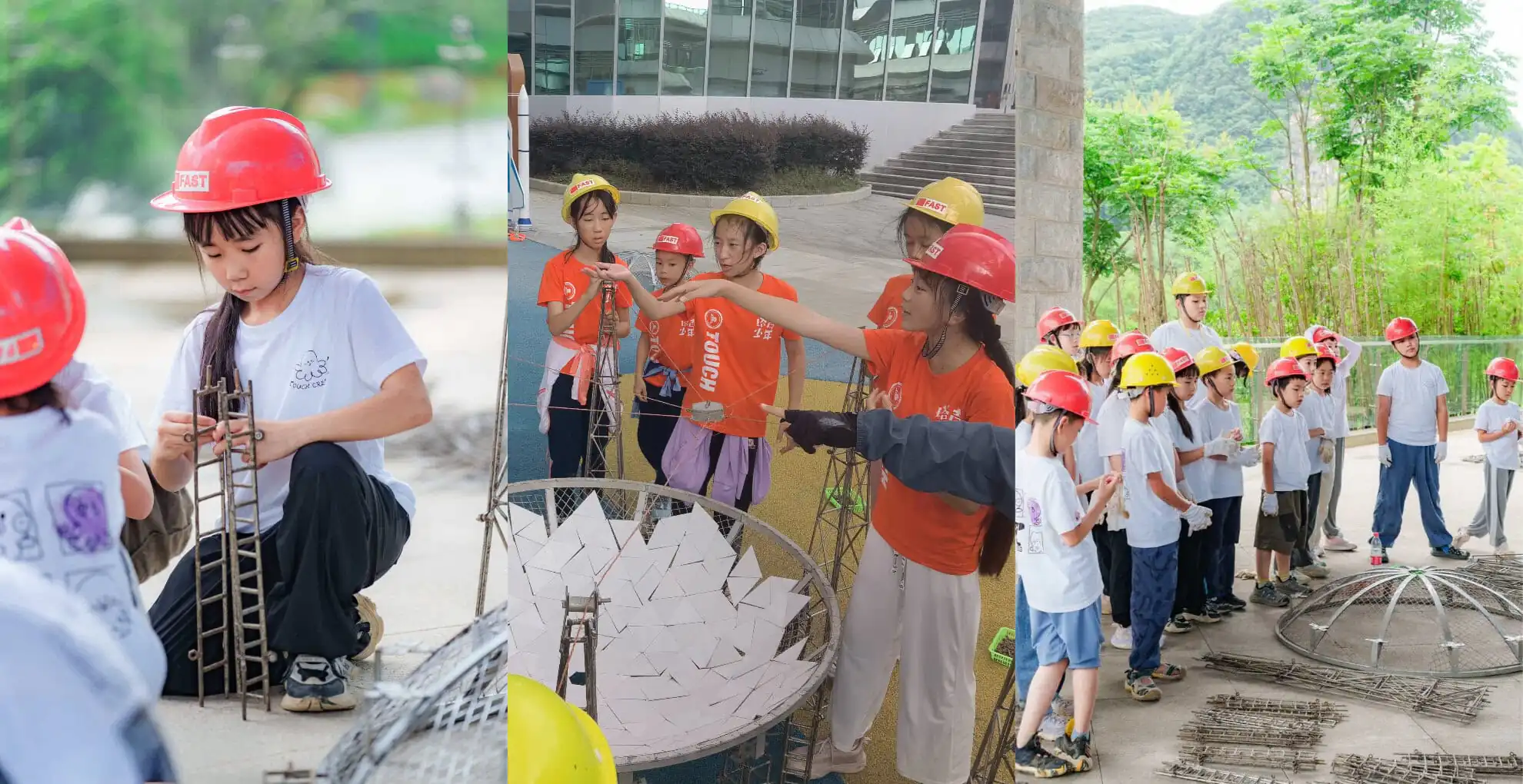 school trip china guizhou, chinatrip, Group of children in orange and white shirts wearing red and yellow hard hats collaboratively assembling a wire-frame sculpture outdoors.