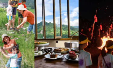 School trip in Guizhou, chinatrip, Collage showing a rural family day: kids and adults planting in a grassy field, a dining room with a scenic hillside view, and a nighttime torch-lit bonfire celebration.