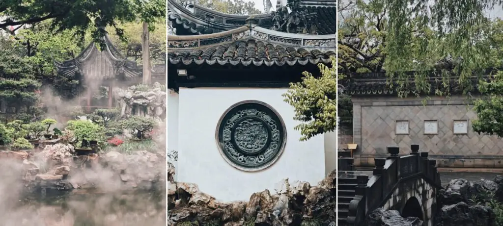 Three-panel Chinese garden: misty pond with rocks and plants, a circular carved window, and a stone bridge over water.