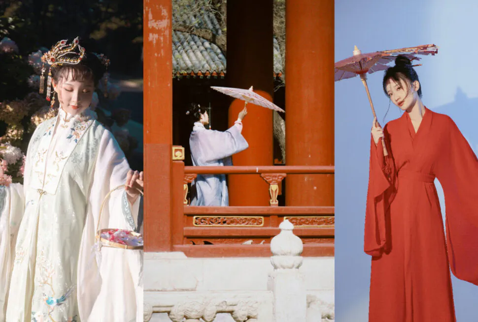 Hanfu,China Culture,Chinatour Triptych of people in traditional East Asian attire: pale embroidered dress with crown on left, a blue-robed figure with a parasol at a temple center, and a red kimono-wearing woman with a parasol on the right.