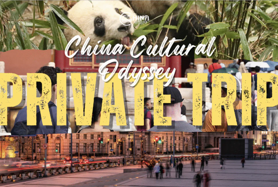 china trip tailor made, chinatravel, Banner image for a China cultural odyssey page with a panda, crowd, and bold yellow 'DAY TRIP' text across the bottom.