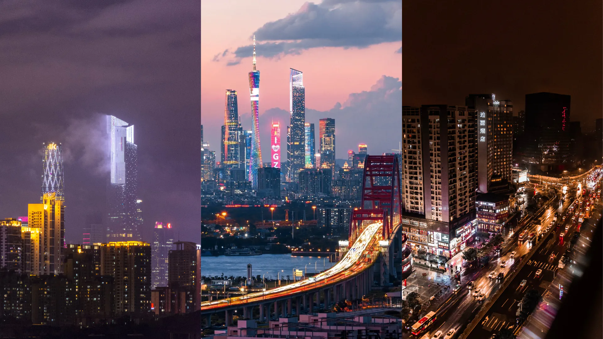 Triptych city skyline at dusk: purple-tinted left towers, colorful central skyscrapers, and a busy neon-lit highway on the right.