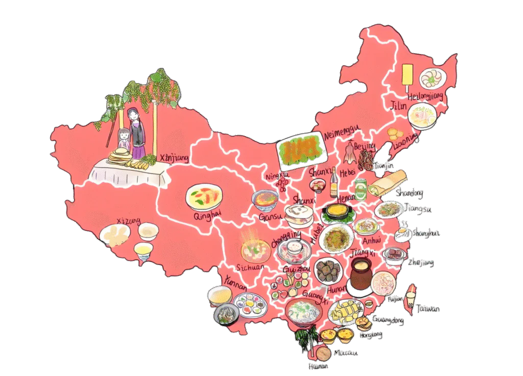 china food map, chinatravel, Stylized map of China showing regional cuisines with food illustrations (dumplings, noodles, hotpot) and labeled provinces in pinyin; colorful, hand-drawn style.