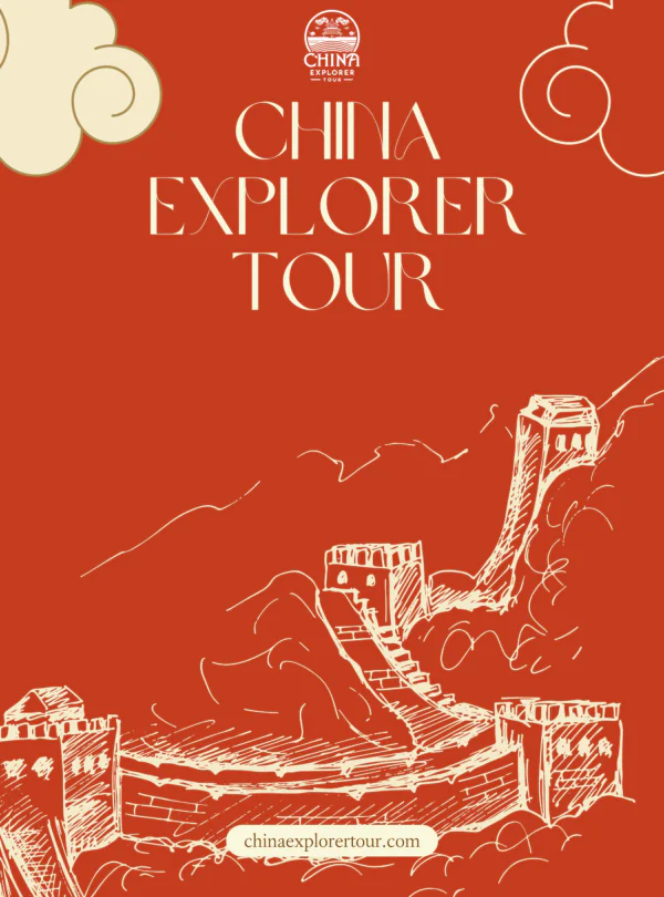 China explorer tour, chinatravel, Promotional poster for China Explorer Tour with a white line drawing of the Great Wall on a red background and the site URL chinaexplorertour.com.