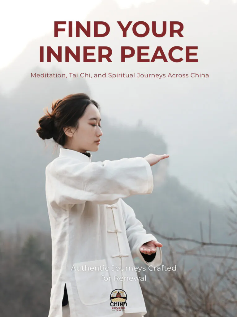 taichi wudang, hubei, chinatravel, Promo poster: woman in white traditional attire performing a Tai Chi pose in a misty mountain setting, with the headline 'FIND YOUR INNER PEACE' and subtitle about meditation and spiritual journeys across China.