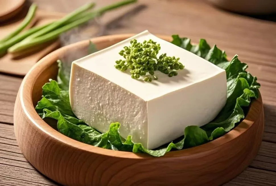 Block of tofu resting on green lettuce in a wooden dish, topped with a small herb cluster.