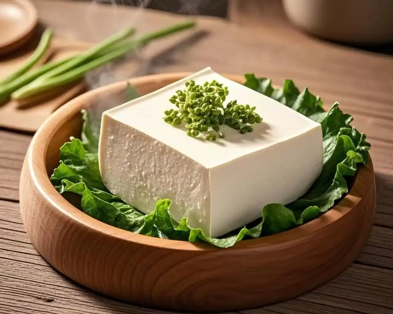 Block of tofu resting on green lettuce in a wooden dish, topped with a small herb cluster.