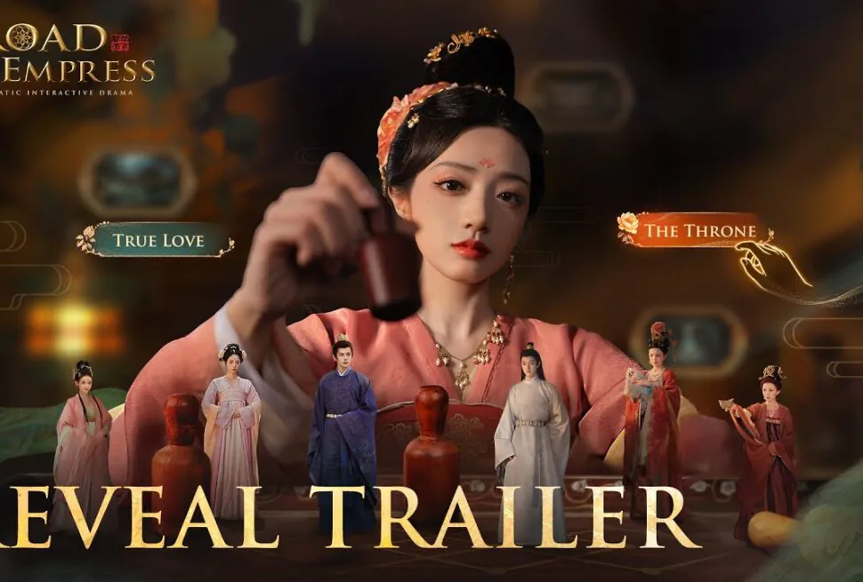Road to Empress and China travel for game fans,Chinatour Promotional poster for Road to Empress; central empress in pink robes pours wine, with miniature courtiers and 'Reveal Trailer' at bottom.