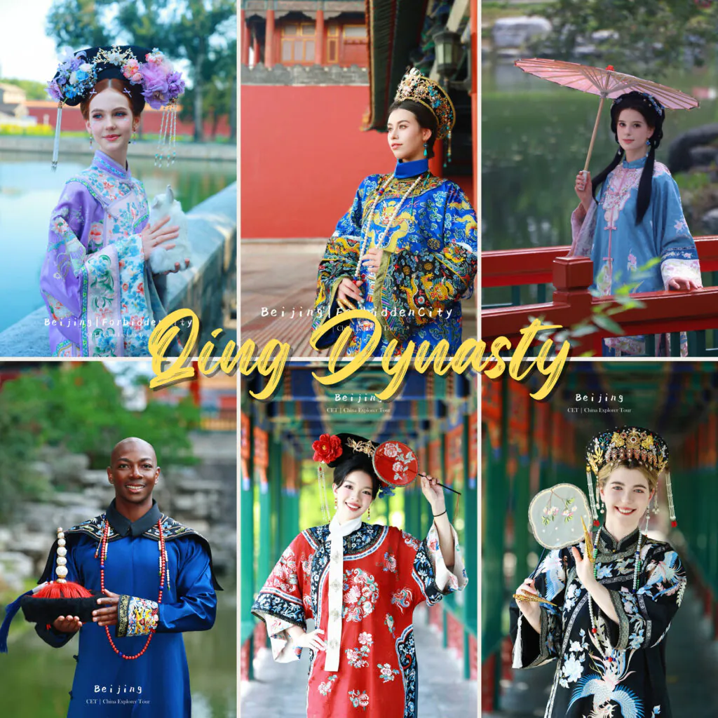 hangfu Photoshoot, collection, qing dynasty, chinatravel, Collage of six people in vibrant Qing Dynasty–inspired outfits posing at Beijing landmarks and gardens.