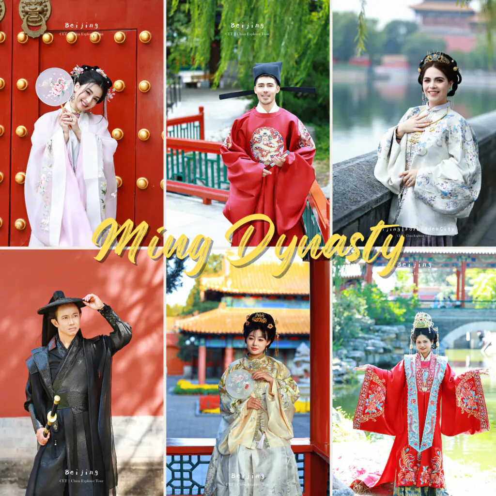 hangfu Photoshoot, collection, ming dynasty, chinatravel, Collage of six people in Ming Dynasty costumes in Beijing locations, with the title 'Ming Dynasty' across the center.