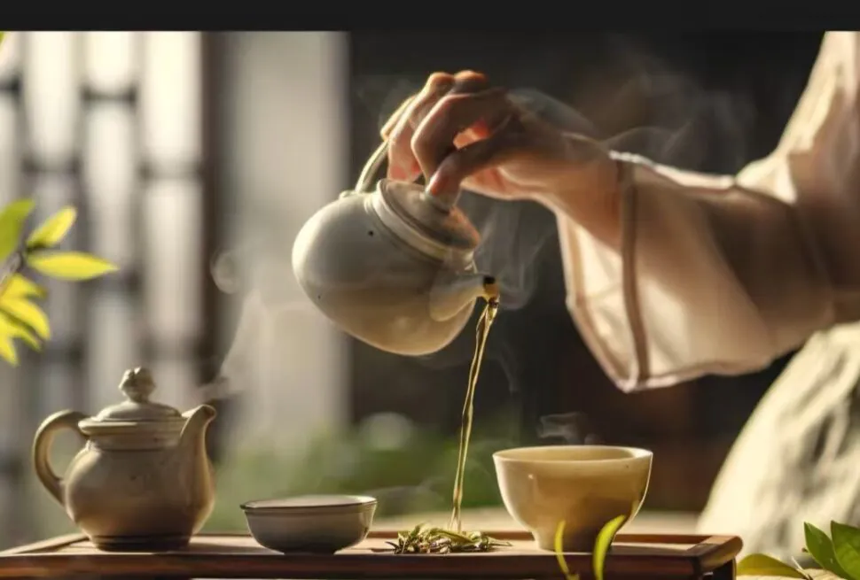 Person pours hot tea from a ceramic teapot into a cup on a wooden tray as steam rises, with tea leaves and a teapot nearby in a sunny setting.