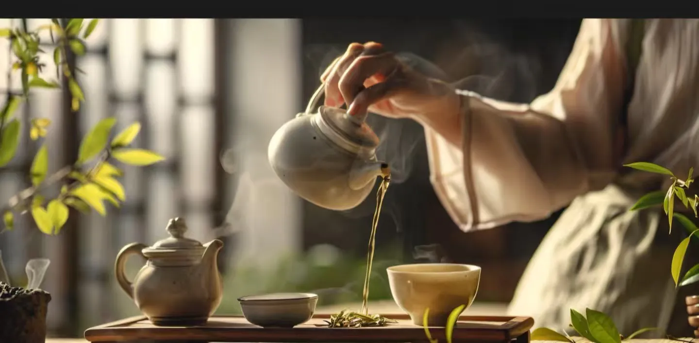 Beijing Tea Ceremony,Chinatour Person pours hot tea from a ceramic teapot into a cup on a wooden tray as steam rises, with tea leaves and a teapot nearby in a sunny setting.
