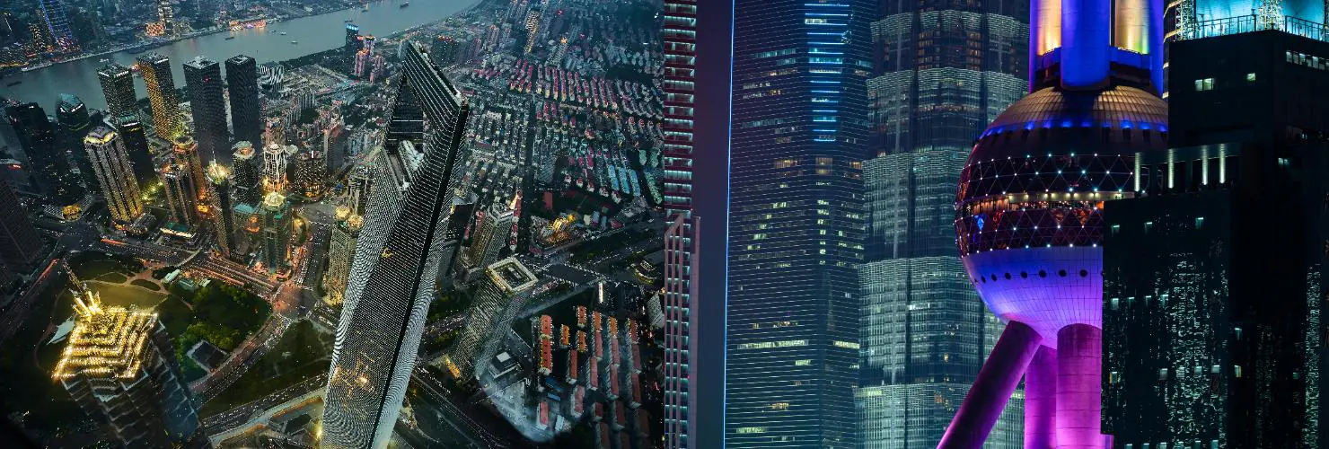 Jin Mao Tower,Shanghai,Chinatour Night-time aerial view of a dense modern city skyline with illuminated skyscrapers and a futuristic tower on the right.