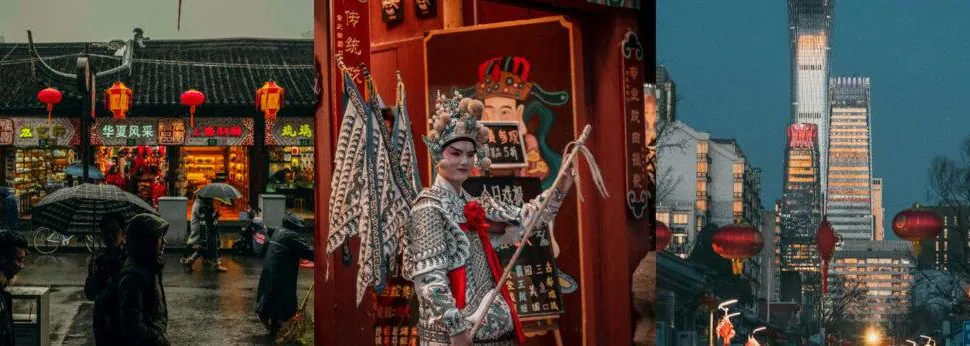 Nanjing Road Pedestrian Street,Shanghai,Chinatour Triptych: rain-soaked market street with red lanterns; Chinese opera performer in ornate armor; city street at dusk with lanterns.
