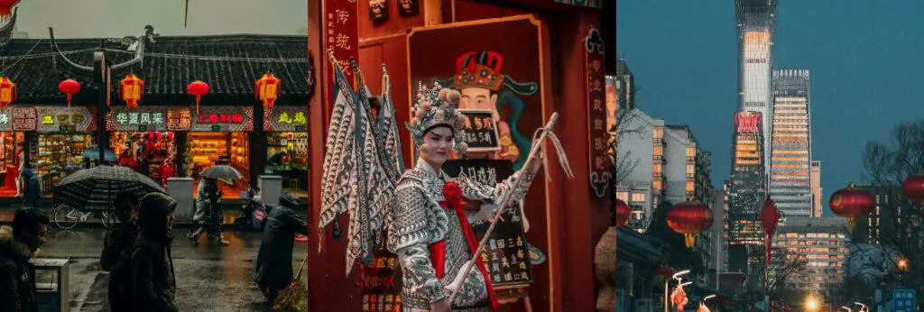 Nanjing Road Pedestrian Street,Shanghai,Chinatour Triptych: rain-soaked market street with red lanterns; Chinese opera performer in ornate armor; city street at dusk with lanterns.
