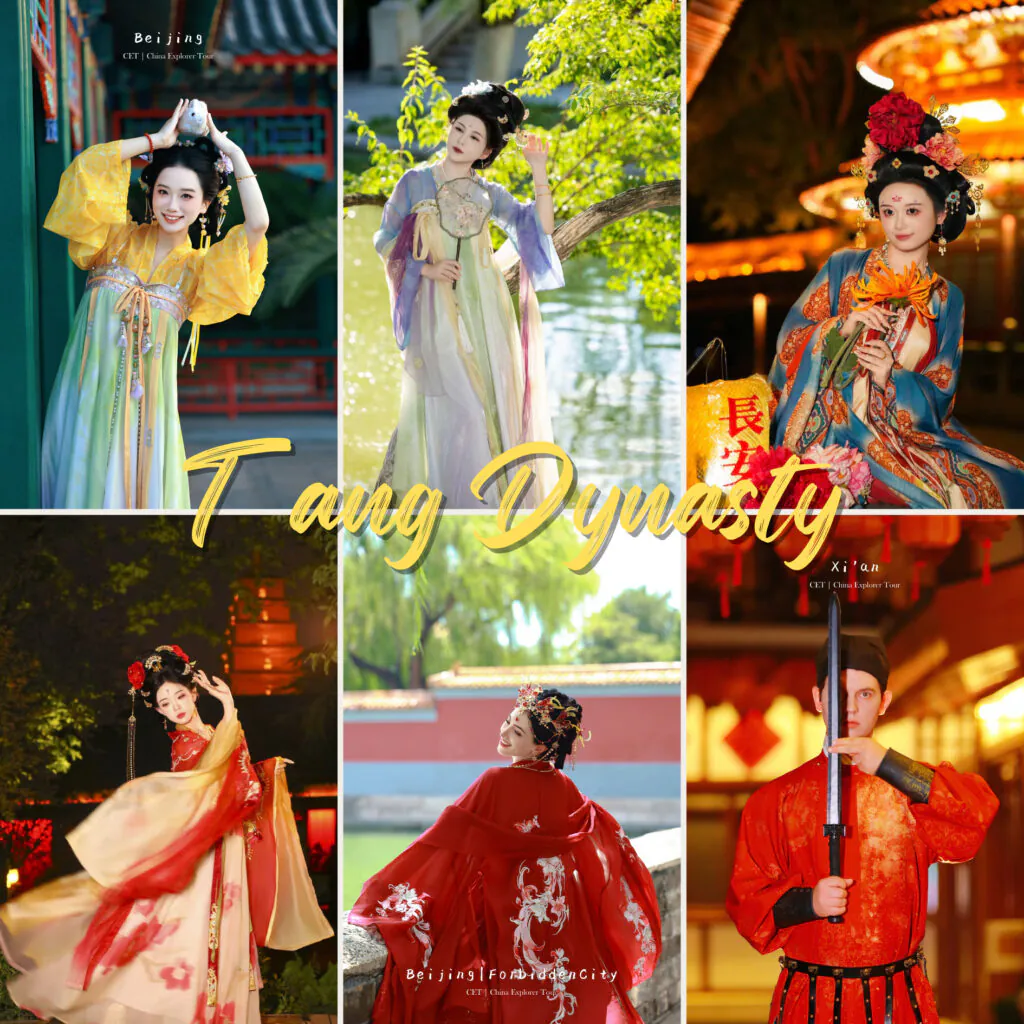 Hanfu photoshoot, xi'an, tang dynasty, chinatravel, A collage of six people in vibrant Tang Dynasty costumes posing in garden, temple, and night scenes, with 'Tang Dynasty' script across the center.