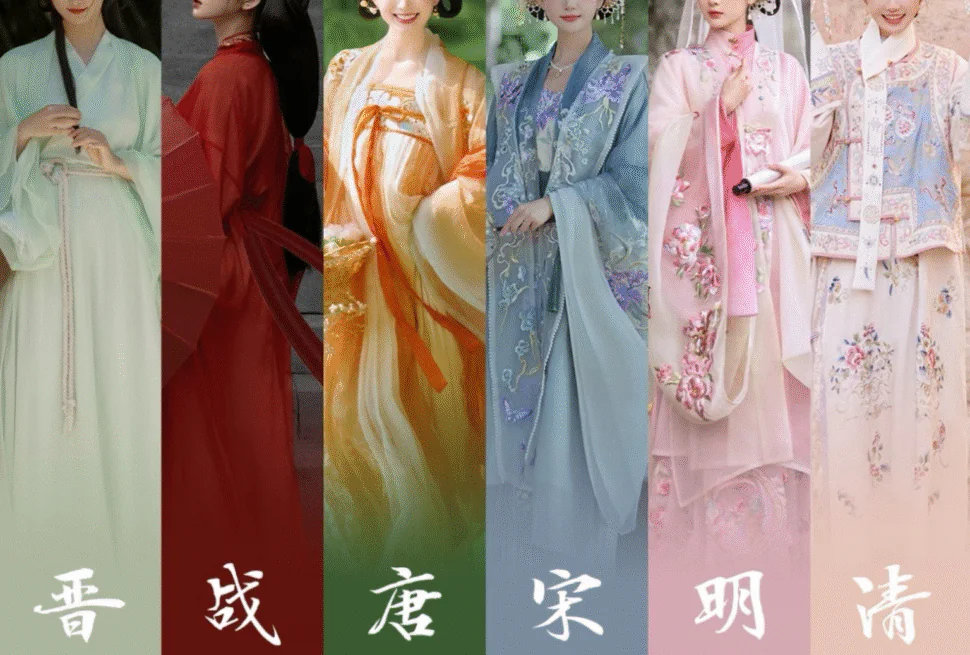 hangfu Photoshoot, collection, other dynasties, chinatravelHanfu Photoshoot Experience in China, Six women in traditional Chinese hanfu representing dynasties: Jin, Zhan, Tang, Song, Ming, Qing, each in distinct colored outfits with dynasty names below
