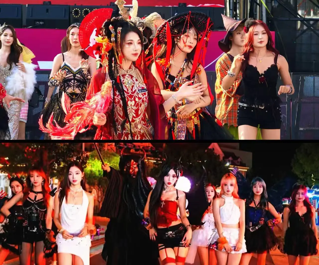 Shanghai Happy Valley,Shanghai,Chinatour Group of women in colorful costumes posing on a stage at a night festival event.
