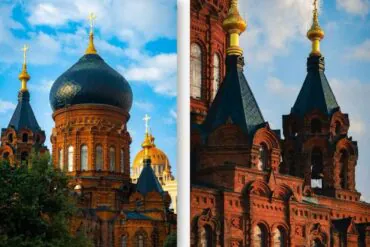 Two ornate Russian Orthodox churches side by side: left features a large blue onion dome with a gold cross, right shows brick towers with peaked blue roofs and gold spires.