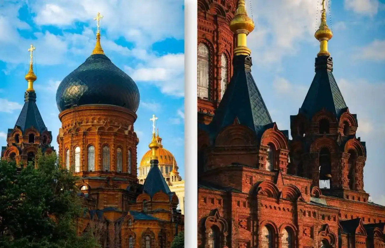 Saint Sophia Cathedral Directions,Harbin,Chinatour Two ornate Russian Orthodox churches side by side: left features a large blue onion dome with a gold cross, right shows brick towers with peaked blue roofs and gold spires.