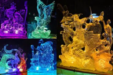 Zhaolin Park Ice Lantern Exhibition,Harbin,Chinatour Collage of colorful ice sculptures illuminated in purple, blue, green and gold.