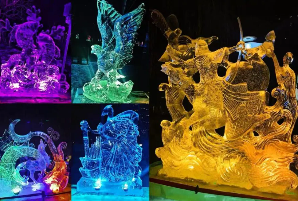 Zhaolin Park Ice Lantern Exhibition,Harbin,Chinatour Collage of colorful ice sculptures illuminated in purple, blue, green and gold.