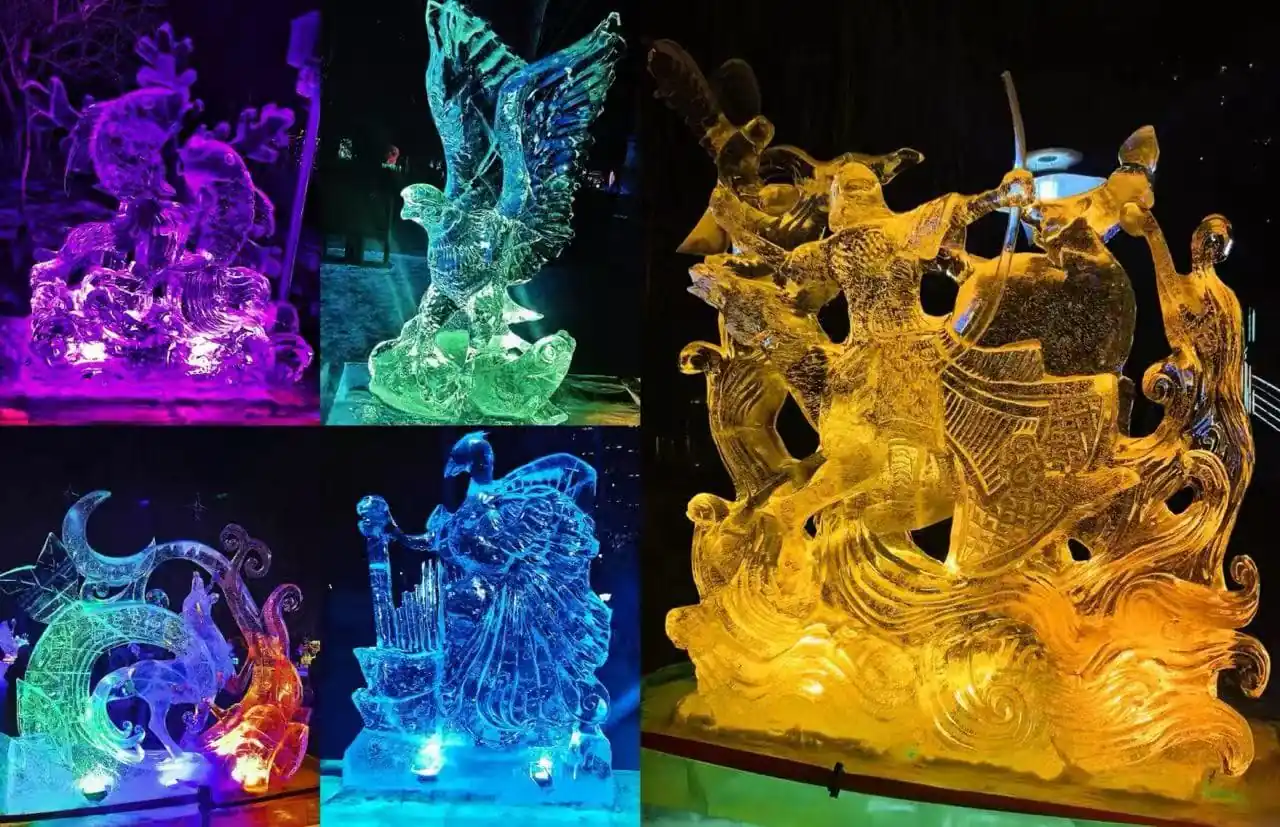 Zhaolin Park Ice Lantern Exhibition,Harbin,Chinatour Collage of colorful ice sculptures illuminated in purple, blue, green and gold.