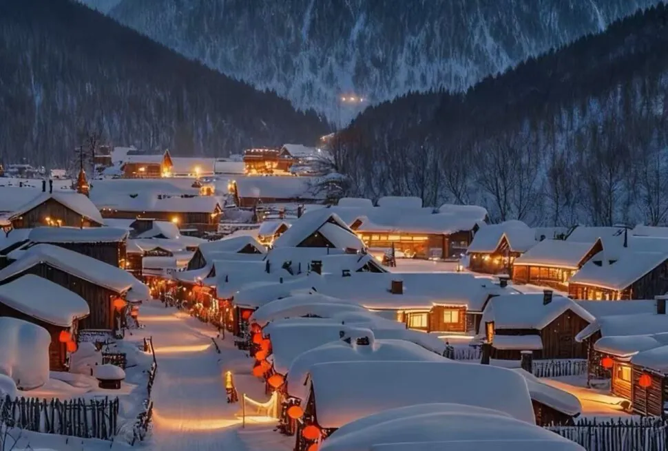 Snow-covered mountain village at night with warm lights glow from windows and street lamps along snow-filled streets.