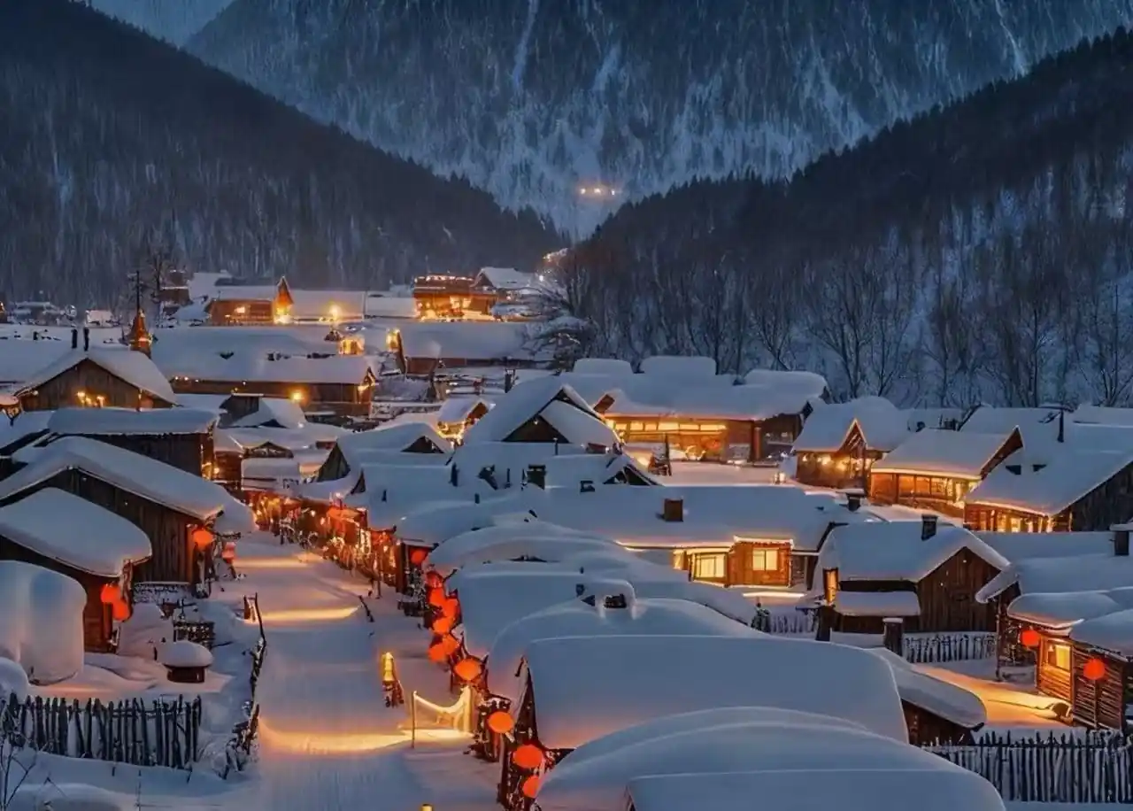 Snow Village,Harbin,Chinatour Snow-covered mountain village at night with warm lights glow from windows and street lamps along snow-filled streets.