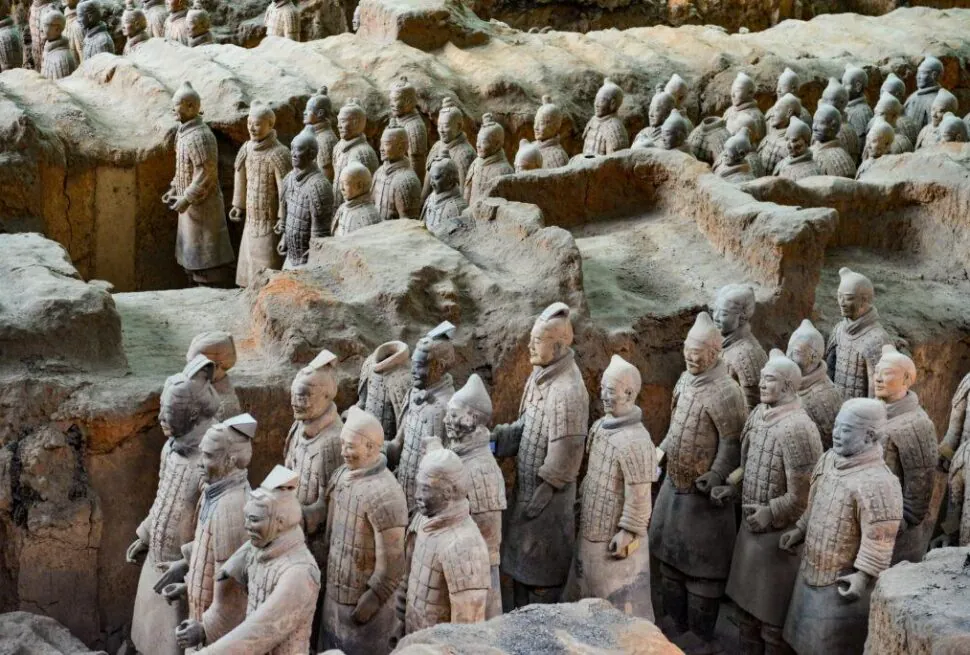 Terracotta Army,Xi`an,Chinatour Rows of life-sized clay soldiers in an excavation pit, part of the Terracotta Army.