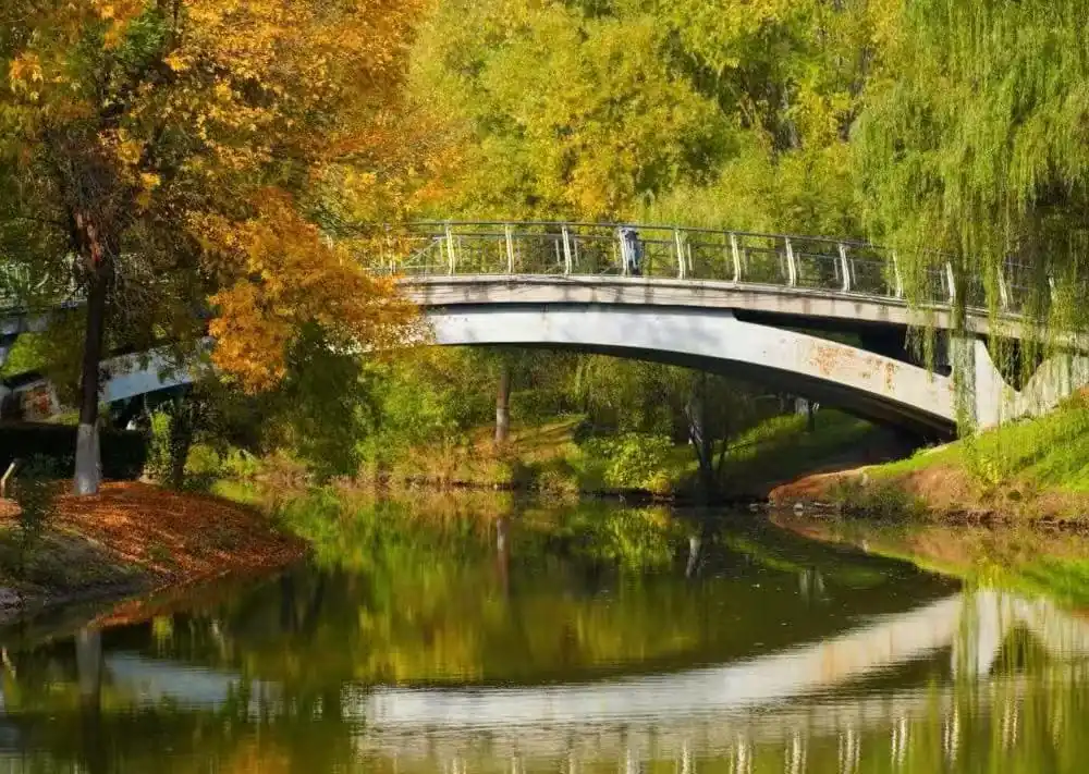 Qujiang Pool Park,Xi`an,Chinatour Bridge spans a calm river in a park, autumn leaves in orange and yellow on trees, green willows nearby, reflections in the water.