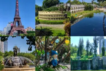 A collage of urban park attractions: Eiffel Tower replica, ancient amphitheater, aqueduct, fountain, garden statue area, and playground with a Smurf doll among trees.