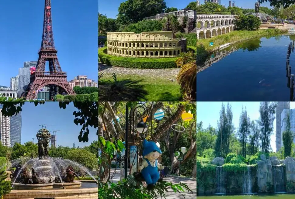 A collage of urban park attractions: Eiffel Tower replica, ancient amphitheater, aqueduct, fountain, garden statue area, and playground with a Smurf doll among trees.