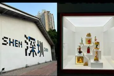 Split image: left shows a white wall mural reading SHENZHEN; right shows a bright display case with small sculpted figurines on white steps.