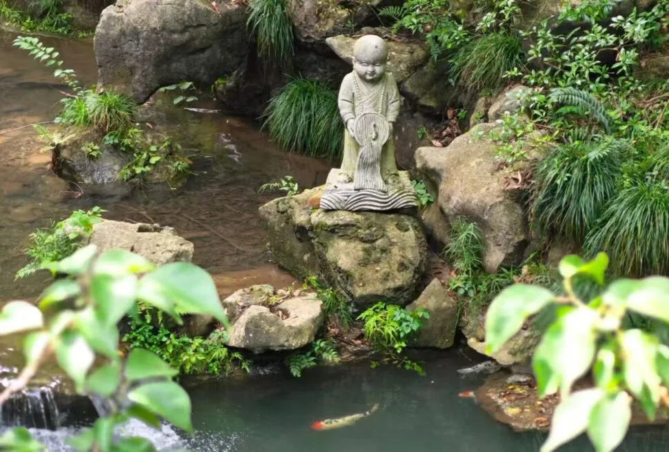 Stone statue of a small monk standing on a rock beside a koi pond, surrounded by green plants and rocks in a tranquil garden scene with a swimming fish nearby.
