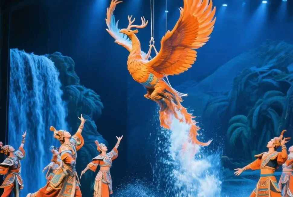 Sanya Romance Park Historical Shows,Sanya,Chinatour Large orange phoenix prop soaring on wires above dancers in colorful traditional costumes on a blue-lit stage with a waterfall backdrop.