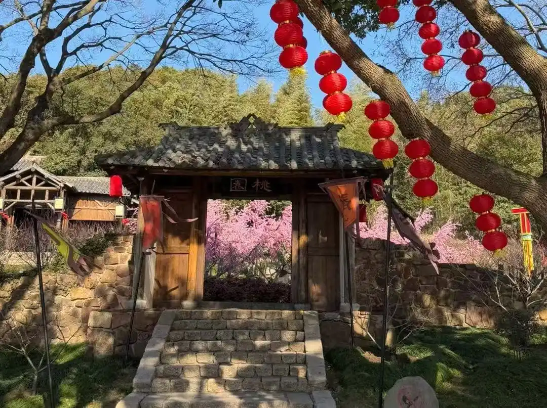 Three Kingdoms City,Wuxi,Chinatour Traditional wooden gate with stone steps, red lanterns hanging from a tree, pink blossoms in the background.