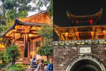Split image of traditional Chinese architecture: left shows a sunlit courtyard with a wooden building and people sitting in a garden; right shows an illuminated multi-tiered gate with red lanterns atop a brick arch at night.