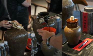 Triptych showing tea preparation: wiping a dark ceramic jar, pouring tea into a red cup, and a labeled container on the table.