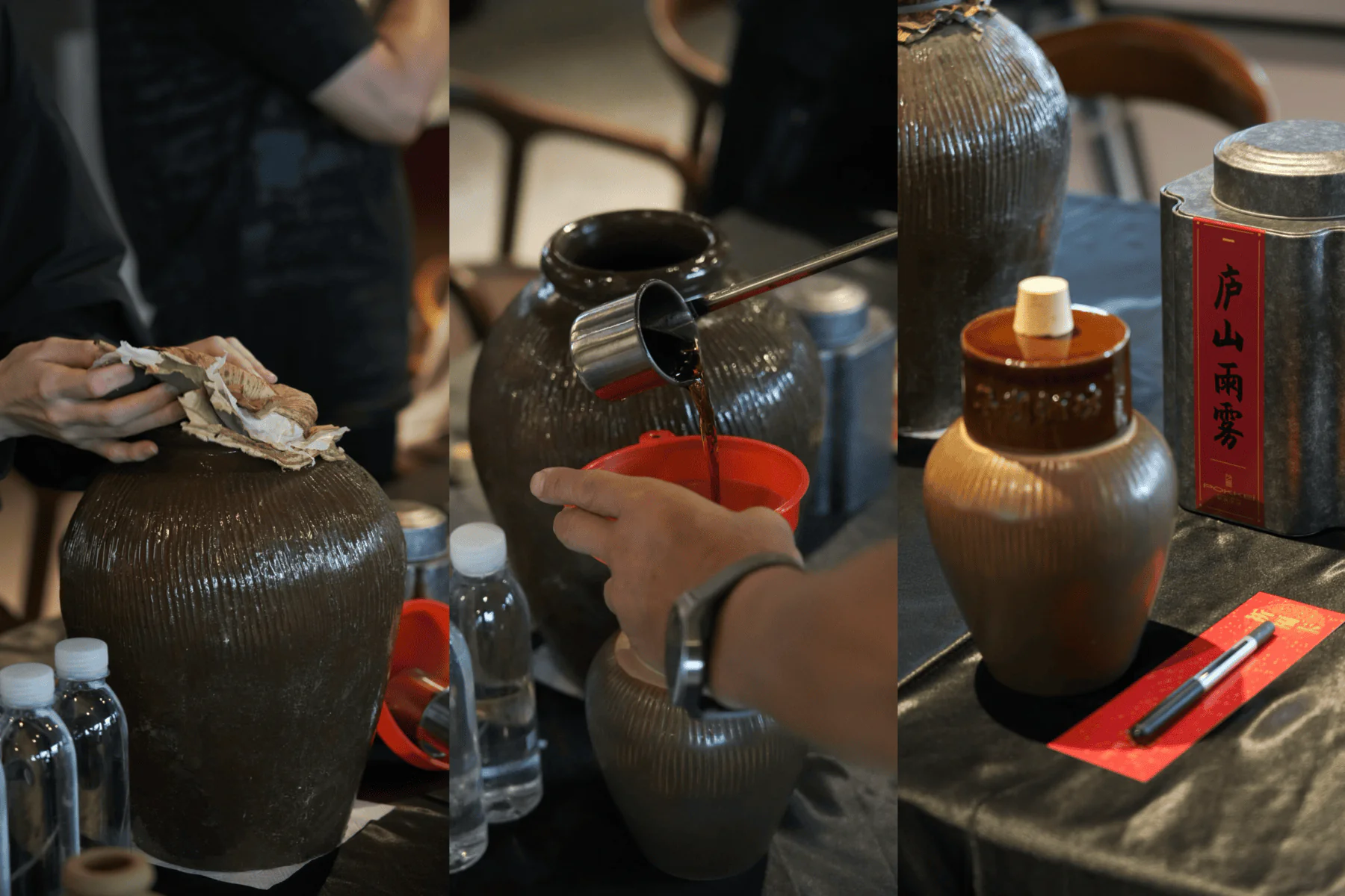 Shaoxing Itinerary -Yellow Wine,Chinatour Triptych showing tea preparation: wiping a dark ceramic jar, pouring tea into a red cup, and a labeled container on the table.