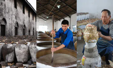 Triptych showing traditional crafts: pottery jars in a kiln, a craftsman stirring a large vat, and a man weaving a bamboo lantern.