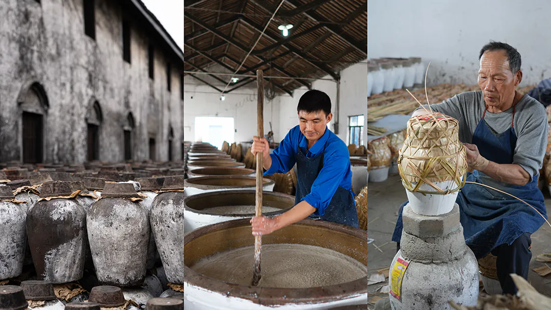 Triptych showing traditional crafts: pottery jars in a kiln, a craftsman stirring a large vat, and a man weaving a bamboo lantern.