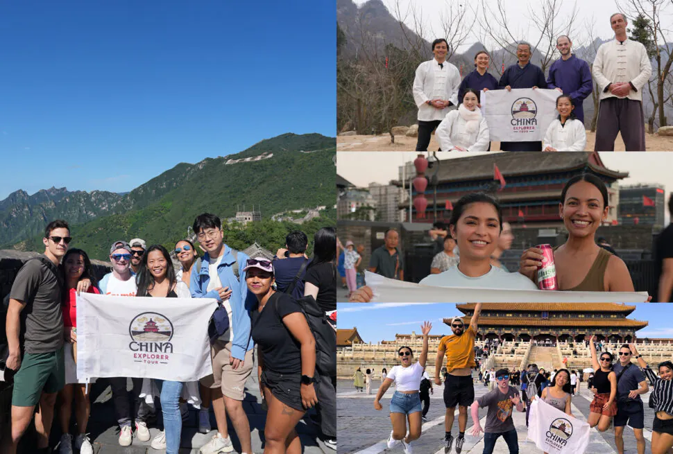 Collage of diverse tourists posing at Chinese landmarks, holding a banner that reads 'China Explorer Tour'.