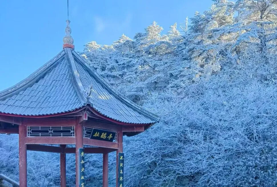 Red Chinese pavilion with a blue tiled roof in a snow-covered forest under a clear blue sky.