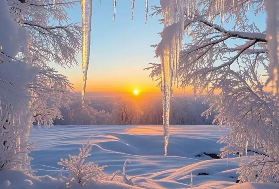 Changbai Mountain,Jilin,Chinatour Snowy winter landscape at sunset with icicles hanging from frosted branches and a sun on the horizon.