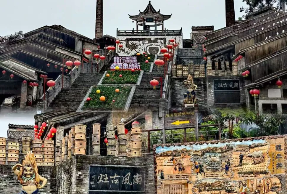 Tiered stone steps lined with red lanterns leading up to a traditional Chinese pavilion atop a temple complex.