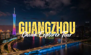 guangzhou, Chinatravel, Guangzhou skyline at night with illuminated tower and bridge, overlaid by bold yellow 'GUANGZHOU' and white 'China Explorer Tour' text (tour promo)