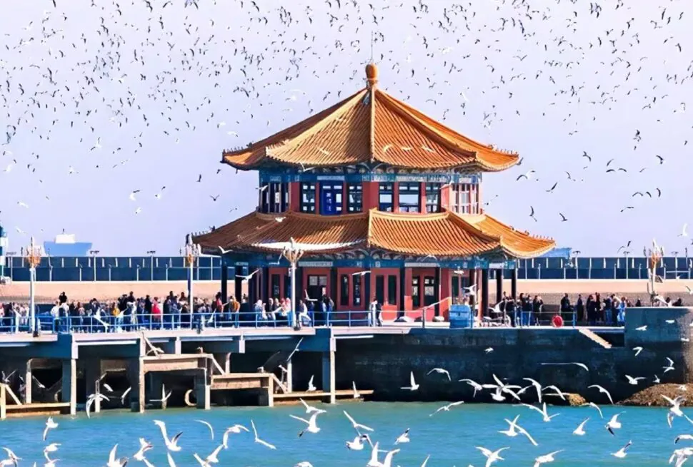 Two-tiered Chinese pavilion on a pier by blue water, with crowds and hundreds of seagulls flying overhead.