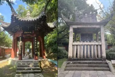 Dayu Mausoleum Scenic Area,Shaoxing,Chinatour Two Chinese garden structures: on the left a red wooden pavilion with ornate curved roof and stone steps; on the right a gray stone shrine with a railing and columns.